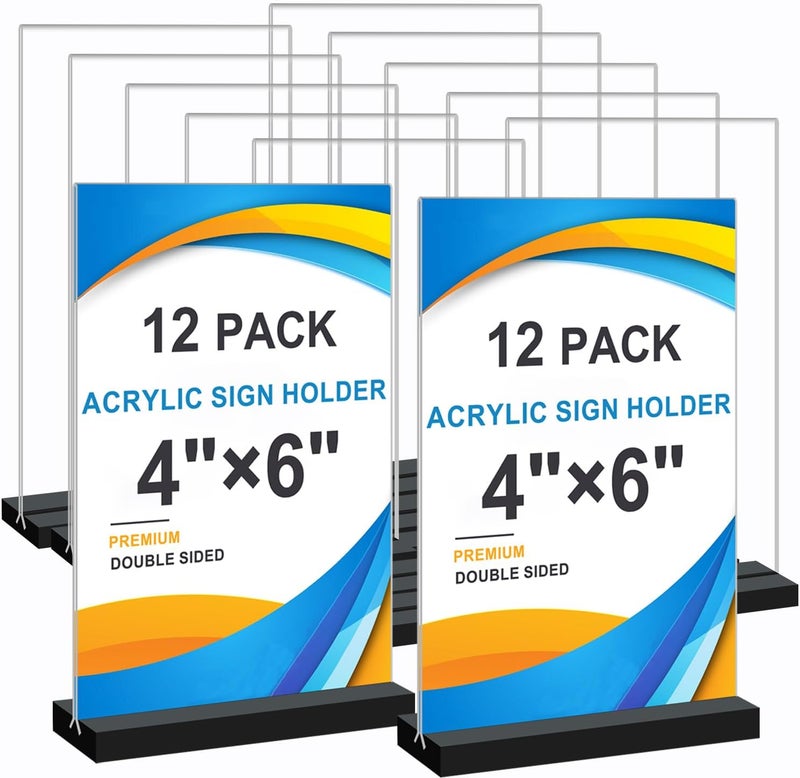 Seencool Acrylic Sign Holder 4x6, 12 Pack Clear Double Sided Menu Vertical Display Stand for Restaurants, Office, Store, Show Fair - Image 1